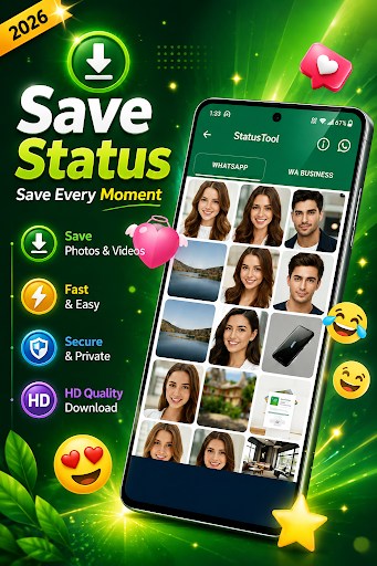 Status Saver dual tab showing WhatsApp and WA Business status media grid